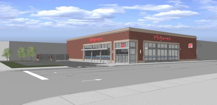 Walgreens wants to build this single-level store and corner parking lot in place of a multi-story office building. Image: Walgreens.