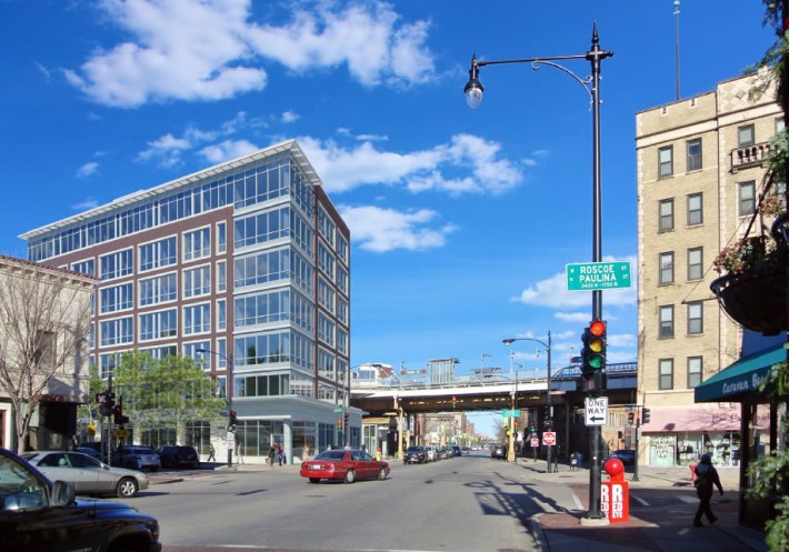 The proposed apartment building overlooks the Paulina Brown Line station, and would increase density in a walkable neighborhood.