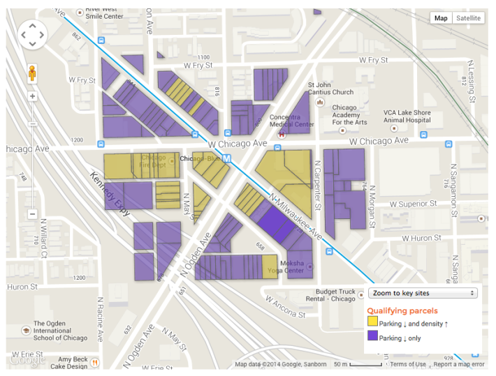 The map shows in yellow where developers can get density bonuses. Developers can get parking reductions in all parcels.
