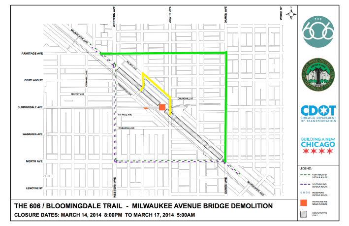 CDOT's map modified to show their recommended bike detour in green and the more convenient alternative in yellow.