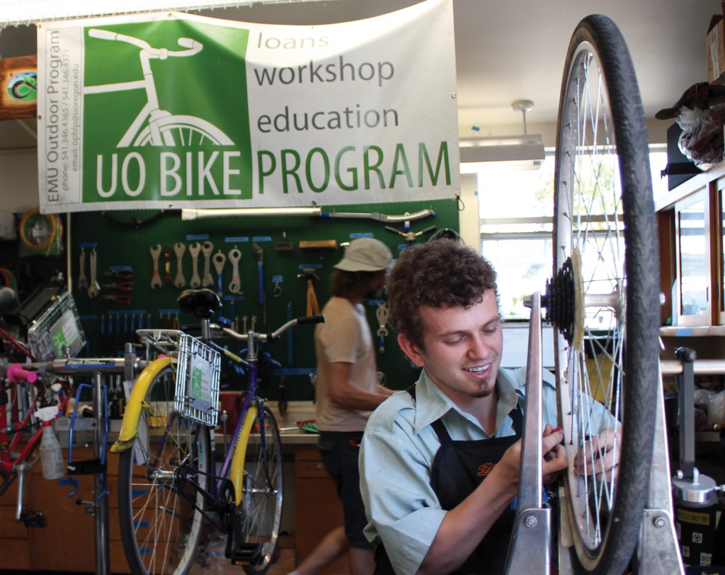 Student bike mechanics from the University of Oregon Bike Program work on the program's bicycle fleet in their on-campus facility, affectionately known as "the Barn." Photo: Briana Orr