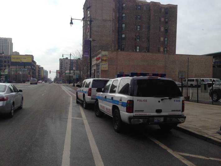 Police SUV blocking protected bike lane at Wabash just north of Roosevelt in South Loop. Photo: Daniel Ronan