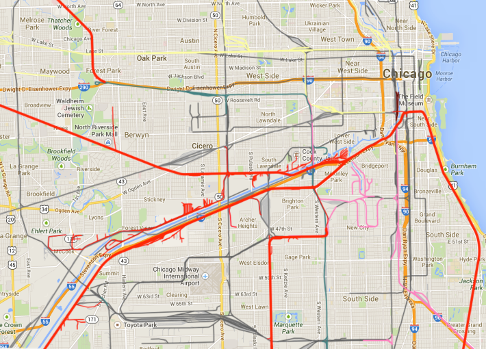 BNSF-owned track is in gray. Canadian National track is in red. CN crude oil shipments are reported differently so the number of oil cars could be higher.