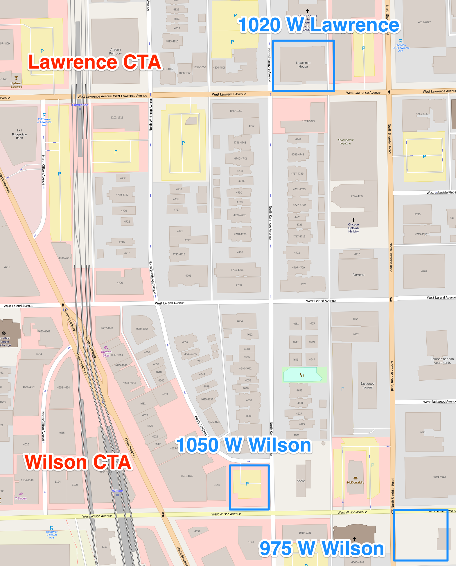 Map showing the three Cedar Street developments in Uptown in relation to the CTA stations.