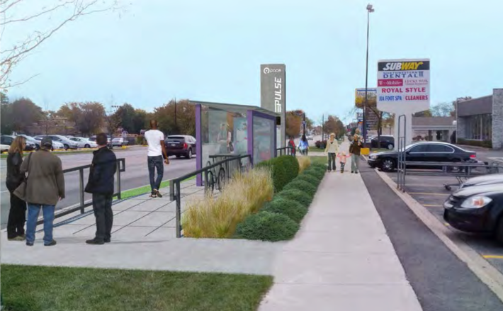 The Pace Pulse line for Dempster Avenue would use permanent and visible stations like this, but was rejected until Pace gains more experience from implementing its Milwaukee Ave. Pulse line.