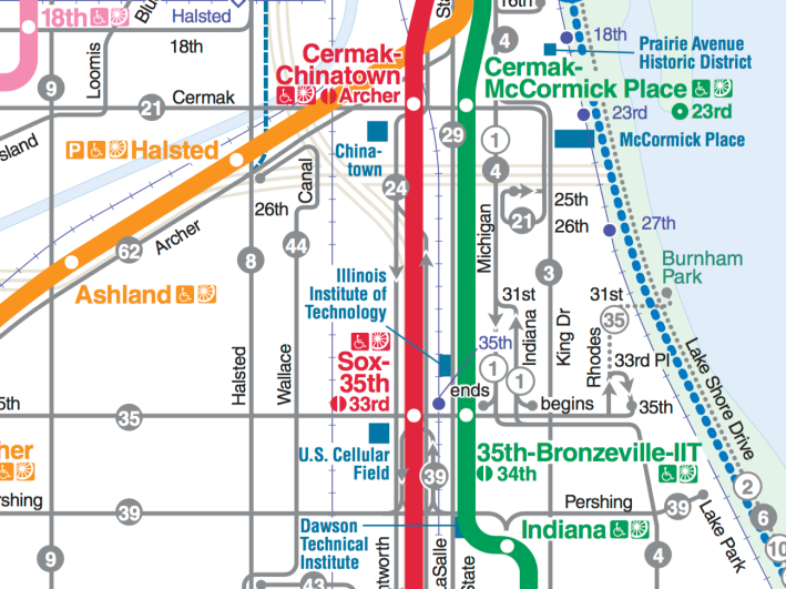 A map of the CTA's bus routes near Chinatown show a major gap in the east-west network between Cermak Road and 35th Street..