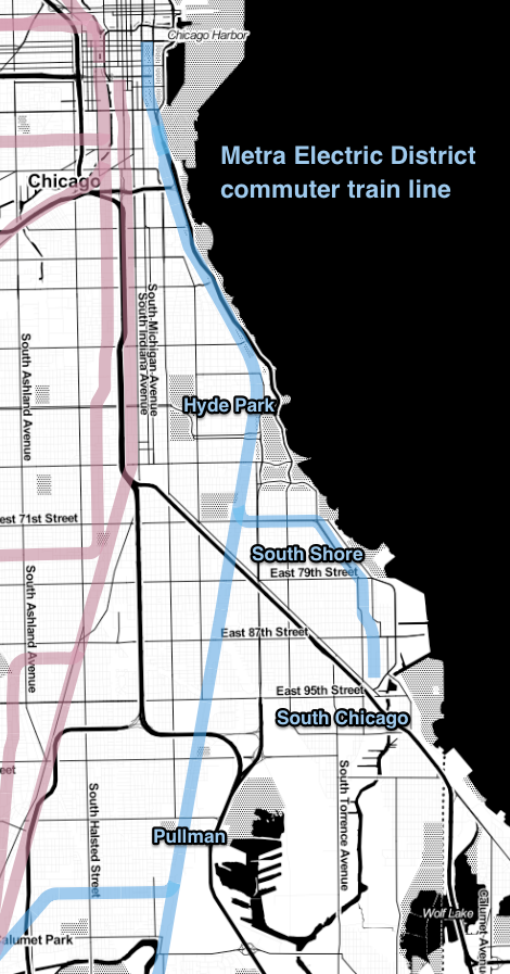 Map of the Metra Electric district line and branches, showing Hyde Park, South Shore, South Chicago, and Pullman neighborhoods.