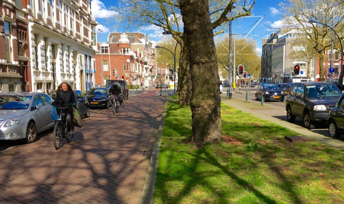 Is this Kedzie Boulevard in Chicago, or a boulevard in Rotterdam? Both of them have a main drive and two service drives. Only one is designed for safe and convenient bicycling.