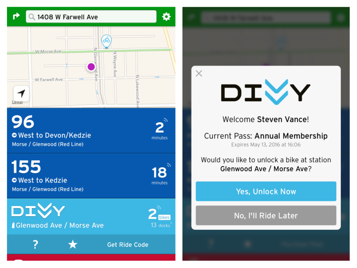 If you're at Rogers Park Social and open Transit, you'll see a result for the nearby Divvy station. If you're signed in to your annual membership account you'll see a button to get a ride code to unlock the bike without a key fob.