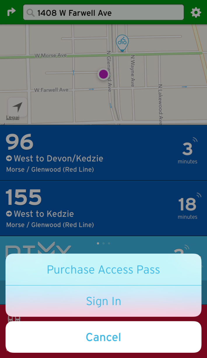 The Transit app allows you to enter payment information within and purchase a 24-hour pass, or use a promotional code.