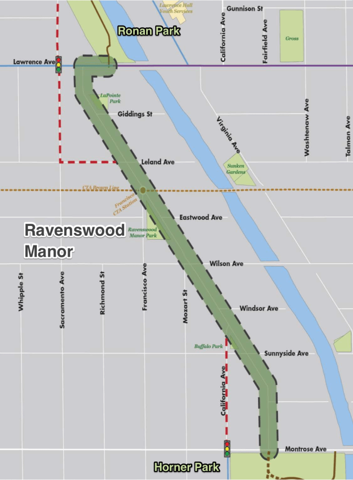 The Manor neighborhood greenway builds two new connections to Horner and Ronan Parks, and adds biking and walking infrastructure to an on-street segment highlighted in green.