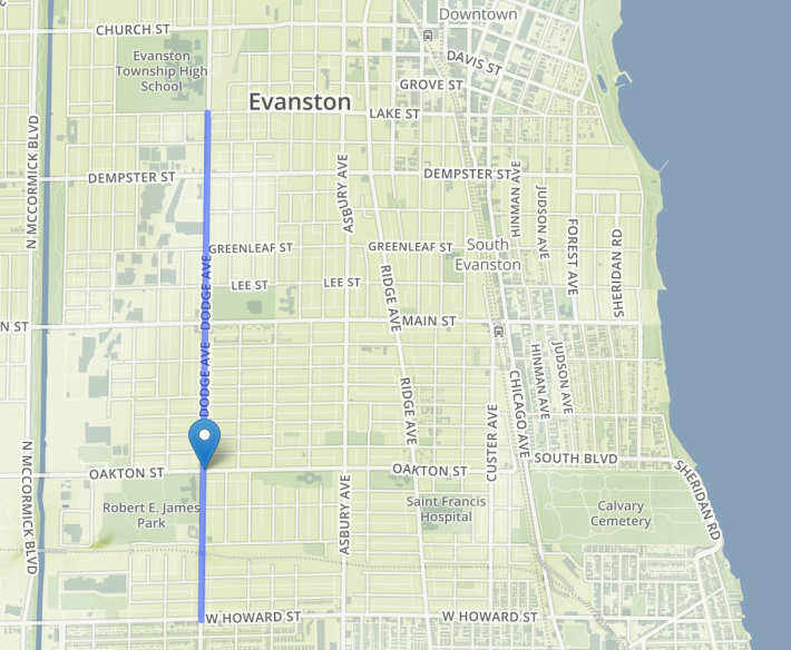Map of the new protected bike lane on Dodge Avenue, from Howard Street (the border with Chicago) to Lake Street. The marker shows where the bike lane has a large gap at Oakton St.