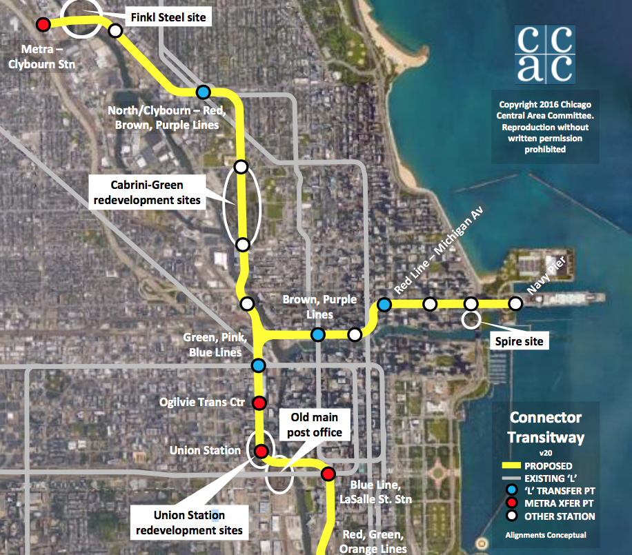 The Connector Transitway would first be built between Union Station and Streeterville (Columbus/Illinois, the white dot to the right of "Red Line-Michigan Av").