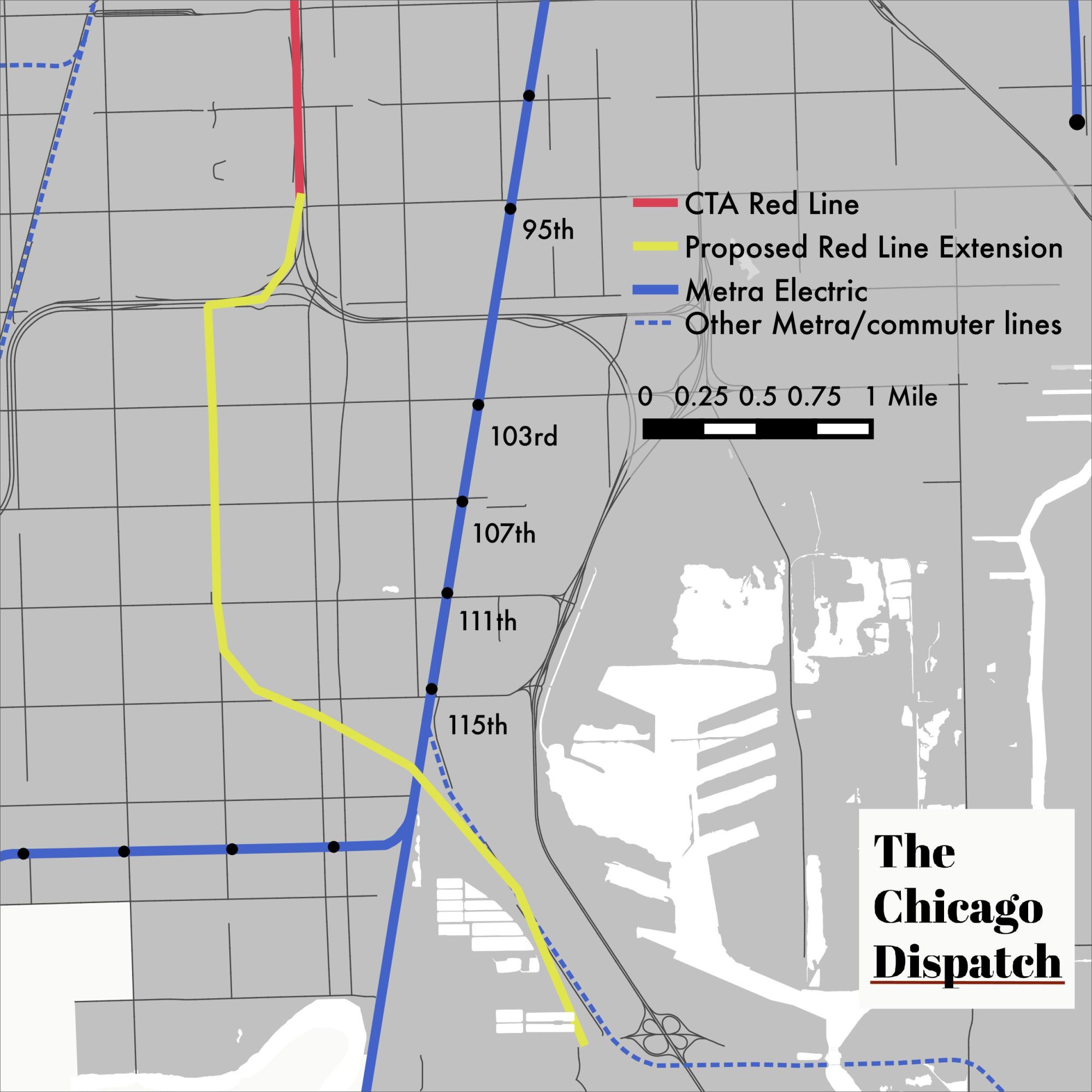 map of Metra Electric district and proposed Red Line extension