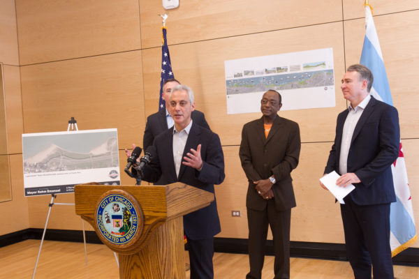 Emanuel and Griffin (right) announced the donation at a press event this morning at Ellis Park. Photo: Mayor's Office