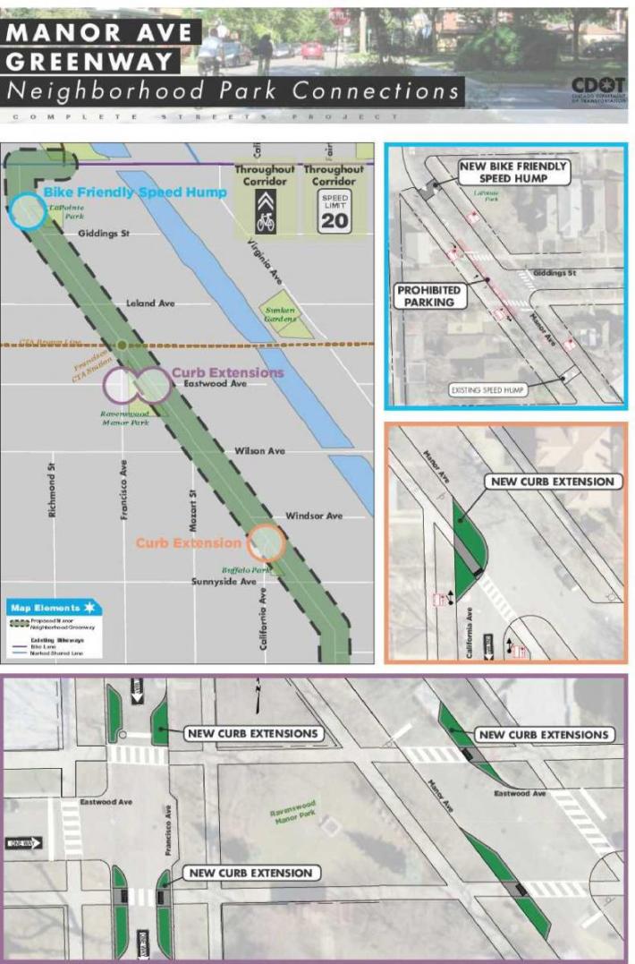 A plan view of some of the traffic calming elements that CDOT has proposed for the "Manor Greenway" project.