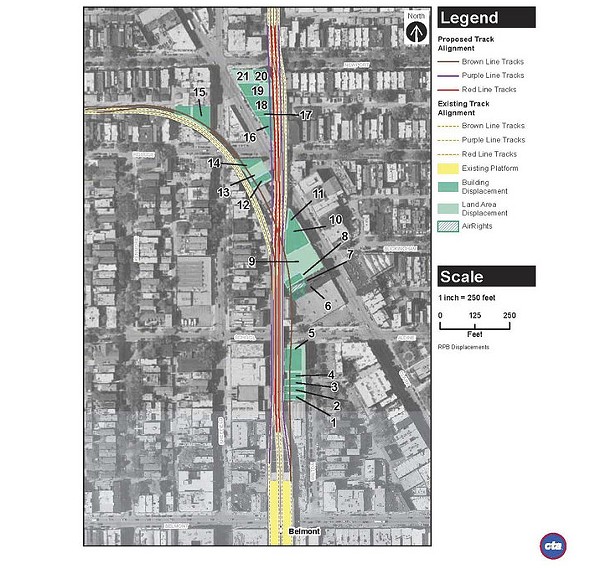 Properties slated for acquisition and/or demolition for the flyover. Image: CTA