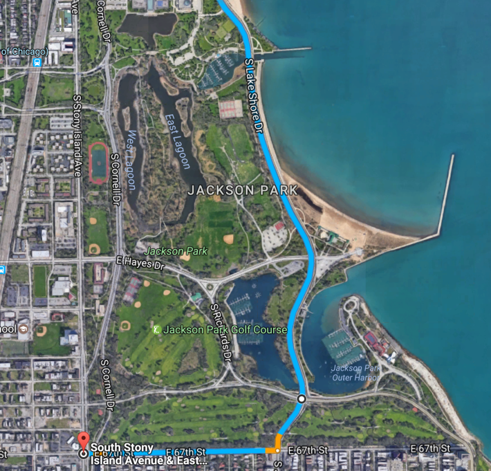 There's no need for drivers to use Cornell or Marquette (southernmost east-west street in Jackson Park) to continue south on Stony Island. The Obama Library will be located on the patch of land currently occupied by a running track and baseball diamonds. Image: Google Maps