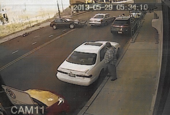 Top: Video shows San Hamel driving his Mercedes into oncoming traffic with the injured Cann on the roof. Bottom: Immediately after San Hamel crashes into another car, Cann lies in the street near the curb.