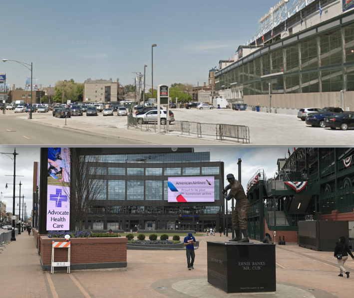 Before and after views of Wrigley, looking north on Clark: parking lot versus park. Images: Google Street View, John Greenfield