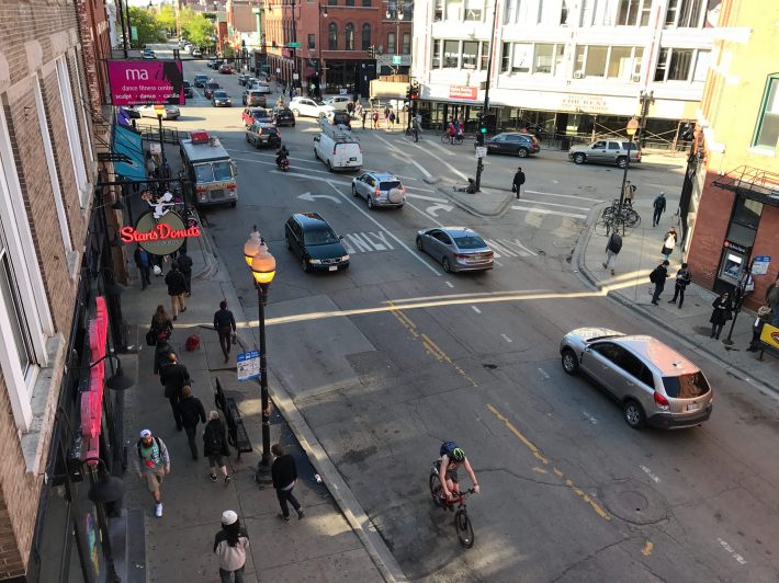 Removing turn lanes could free up more space for wider sidewalks and/or bike lanes. Photo: John Greenfield