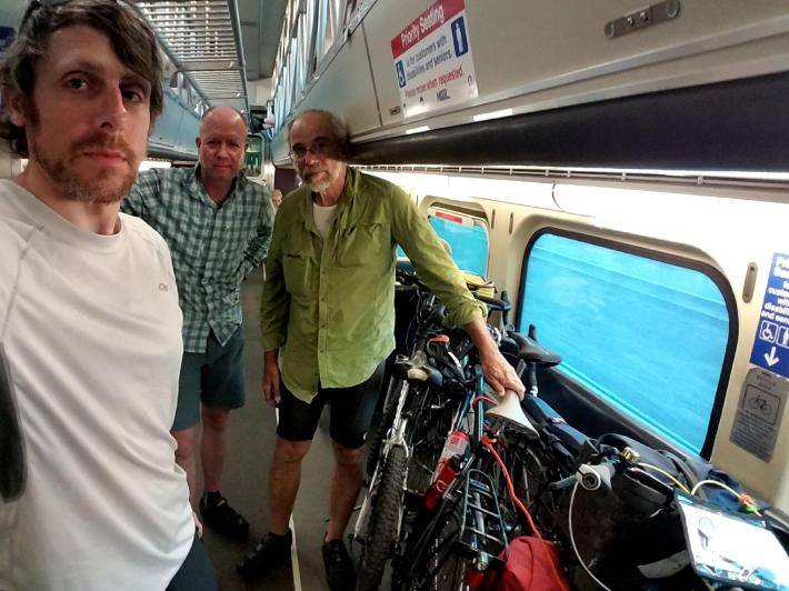 Loaded bikes onboard a Metra train. Ezra Hozinsky, Green Machine Cycles