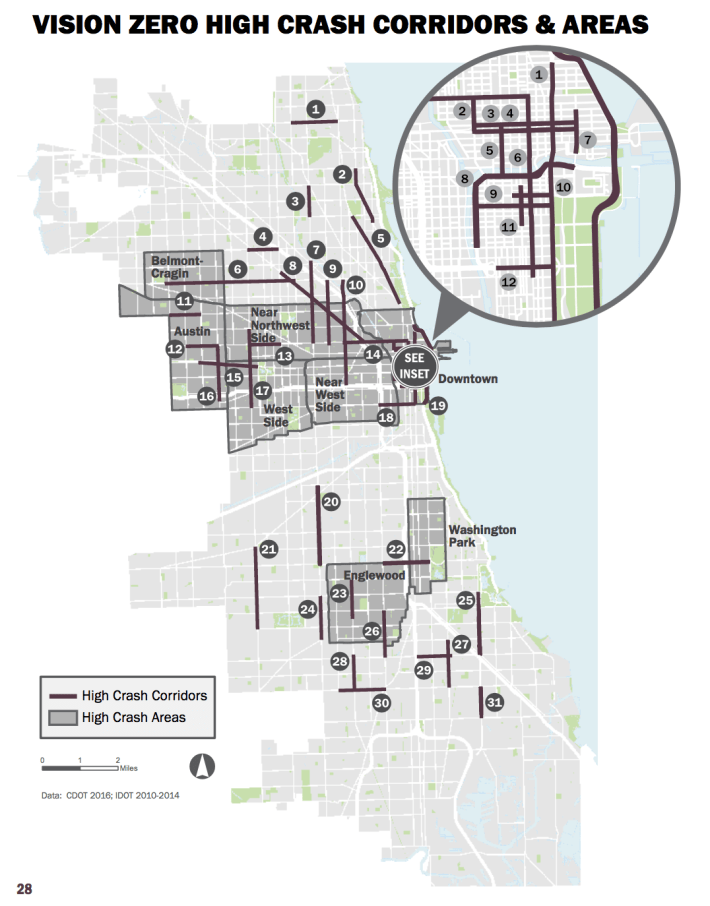 Map shows the 7 neighborhood High Crash Areas and the downtown High Crash Area, as well as the High Crash Corridors.