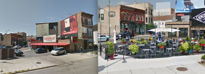Pizza > parking at Gino's East. Images: Google Street View.