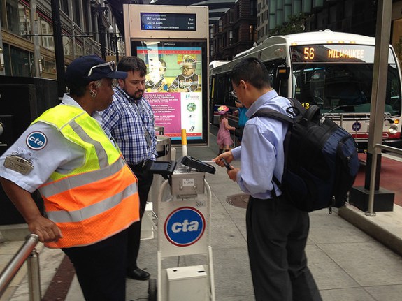 Last year's prepaid boarding pilot at the Loop Link station at Dearborn/Madison. Photo: John Greenfield