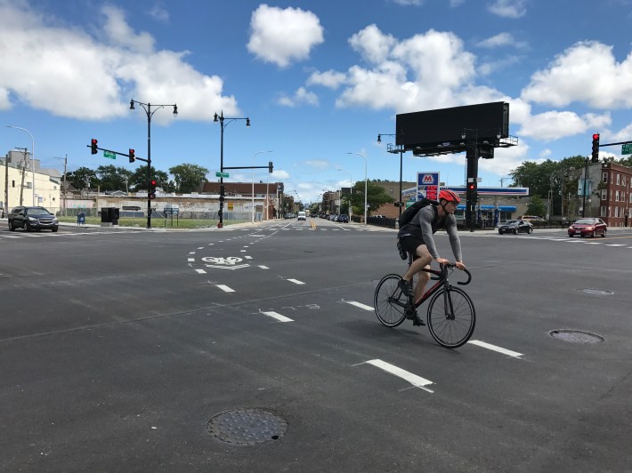 A dashed bike lane has been added to facilitate left turns onto Belmont from Clybourn. Photo: John Greenfield