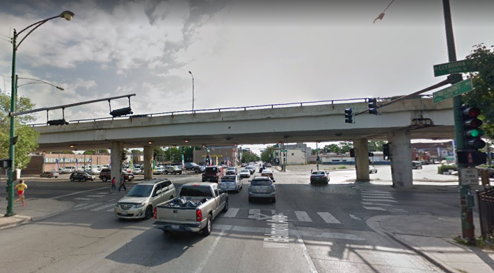 The old overpass, as seen from Belmont, looking east. Image: Google Street View