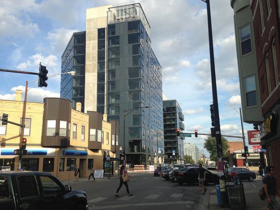 The "MiCa" TOD towers by the California Blue Line stop in Logan Square. Photo: John Greenfield