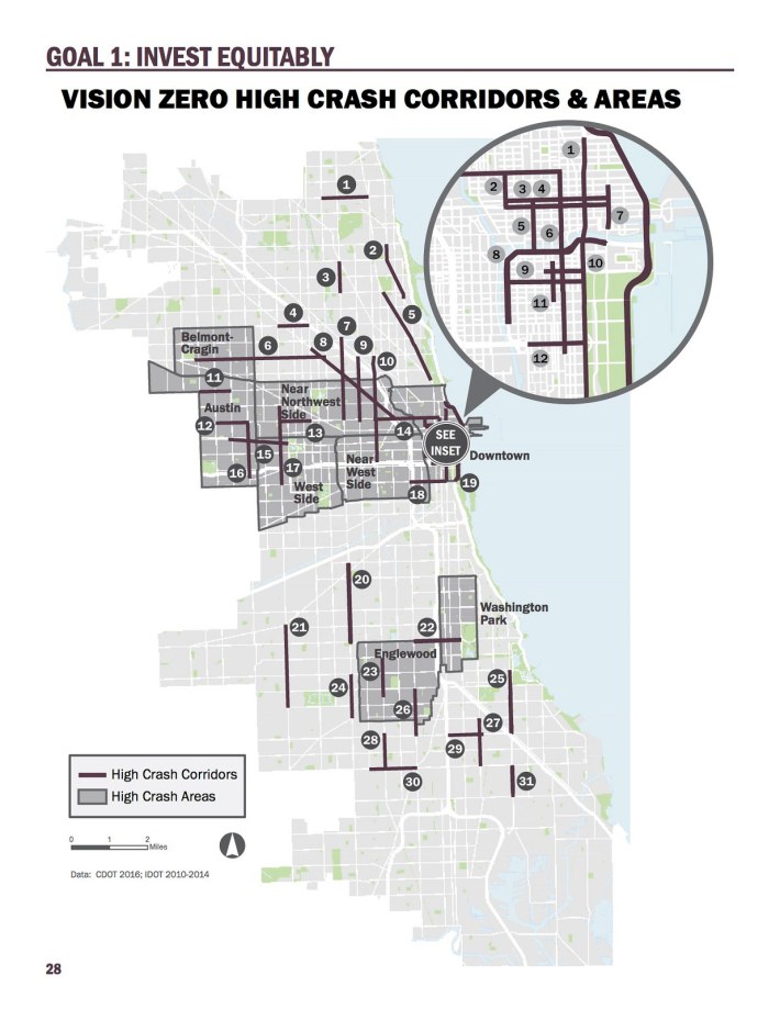 Chicago's high crash areas are mostly on the South and West Sides. Image: CDOT