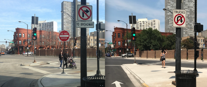 Broadway/Halsted before slip lane removal and after. Photos: John Greenfield