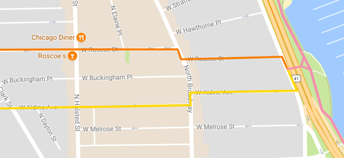 A raised bike lane may be built on Broadway to facilitate the northbound jog for westbound riders on Roscoe (orange). No word yet if there's anything planned on Broadway for eastbound riders on School/Aldine. Image: Google Maps