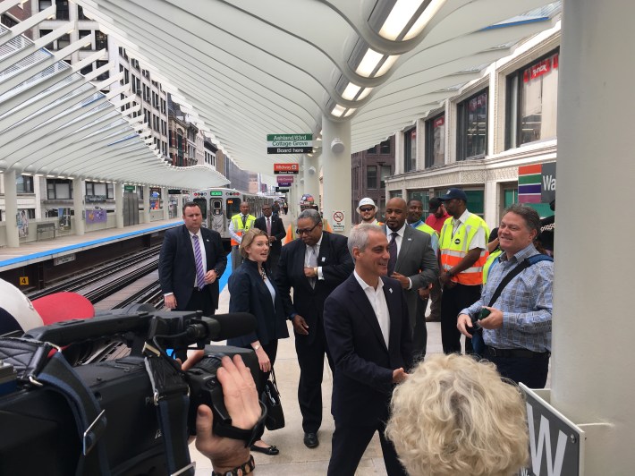 Emanuel tours the station at this morning's ribbon cutting. Photo: CDOT