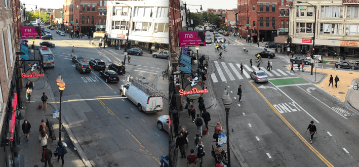 North/Damen/Milwaukee before and after the recent changes. Photos: John Greenfield