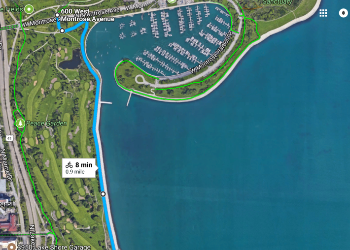 A possible solution for trail separation south of Montrose would be to route cyclists to the shoreline next to Montrose Harbor (blue route).
