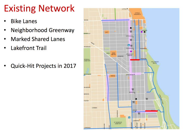 Existing bikeways (blue) within the project area and new stretches of bikeways on Ardmore and Argyle (red) that will be installed this fall. Image: CDOT