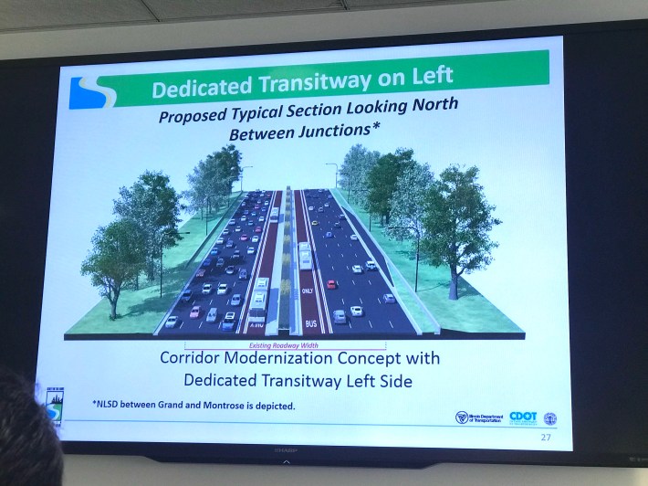An option with a dedicated transitway to the left of the mixed-traffic lanes.
