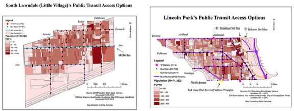 While South Lawndale has a larger population and more demand for transit, Lincoln Park has better transit access. Graphic: Alma Zamudio. Click to enlarge.
