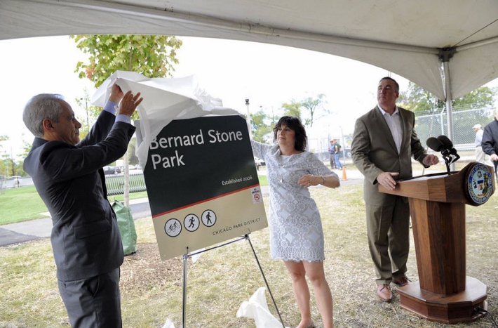 Emanuel and Silverstein unveil a sign for Bernard Stone Park. Photo: Mayor's Office