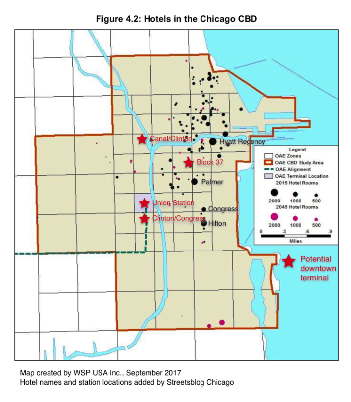 The Block 37 terminal would be the most convenient location for accessing downtown hotels. Image: City of Chicago / Chicago Infrastructure Trust and Streetsblog Chicago
