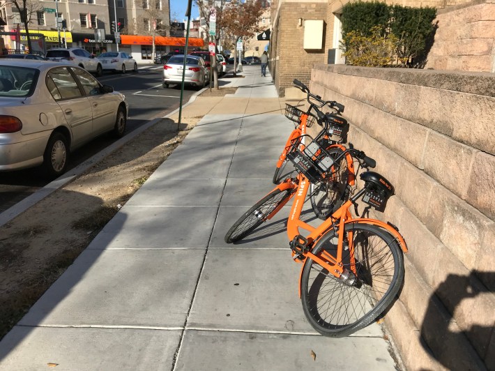 Poorly parked dockless bikes partially obstruct a sidewalk in D.C.