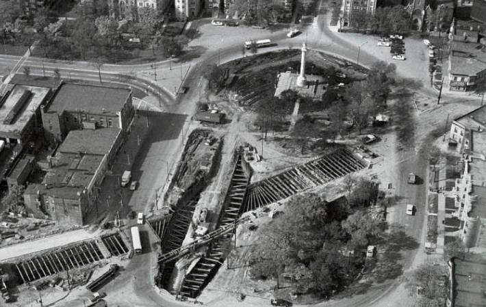 The extension of the Blue Line in 1968 involved digging a subway tunnel under the square. Image via CDOT