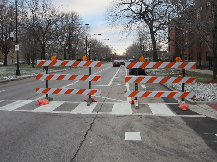 After residents called for the removal of protected bike lanes on Independence, CDOT barricaded the lanes and then downgraded them to buffered lanes. Photo: John Greenfield