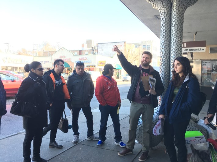 The activists met up in from of the Kimball station. Photo: Lynda Lopez