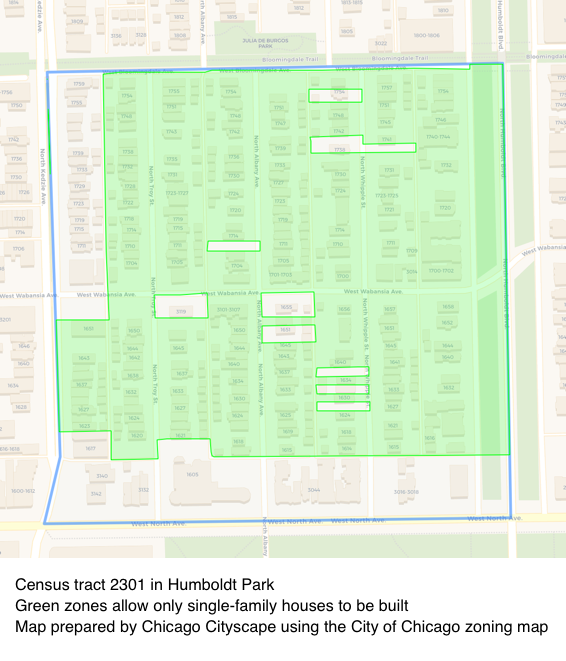 This zoning map of my Census tract shows the enormous area where the City Council allows only single-family housing to be built.