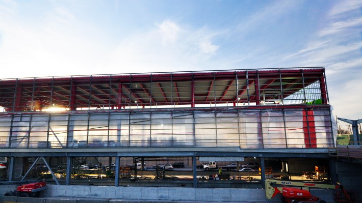 A side view of the south terminal, showing framing for the aluminum curtain wall. Photo: CTA