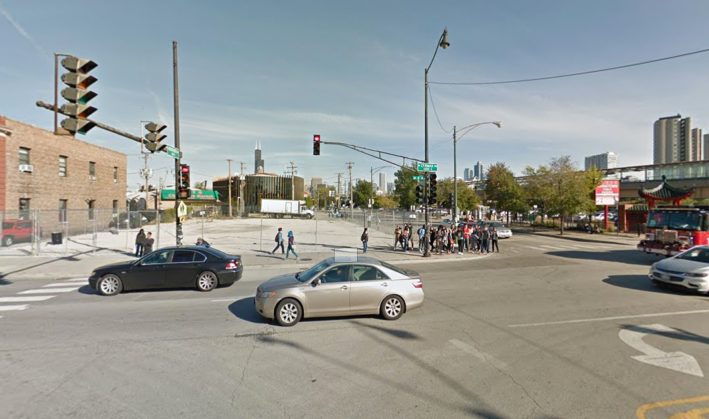 A building at the northwest corner of Cermak/Wentworth, formerly home to (big) Three Happiness restaurant, was demolished last year to make way for the new street layout. Image: Google Street View